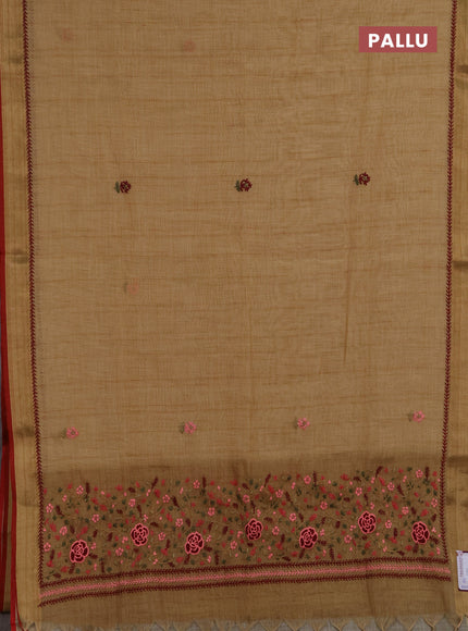 Linen saree dark mustard and maroon with embroidery buttas and embroidery pallu