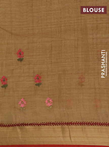 Linen saree dark mustard and maroon with embroidery buttas and embroidery pallu