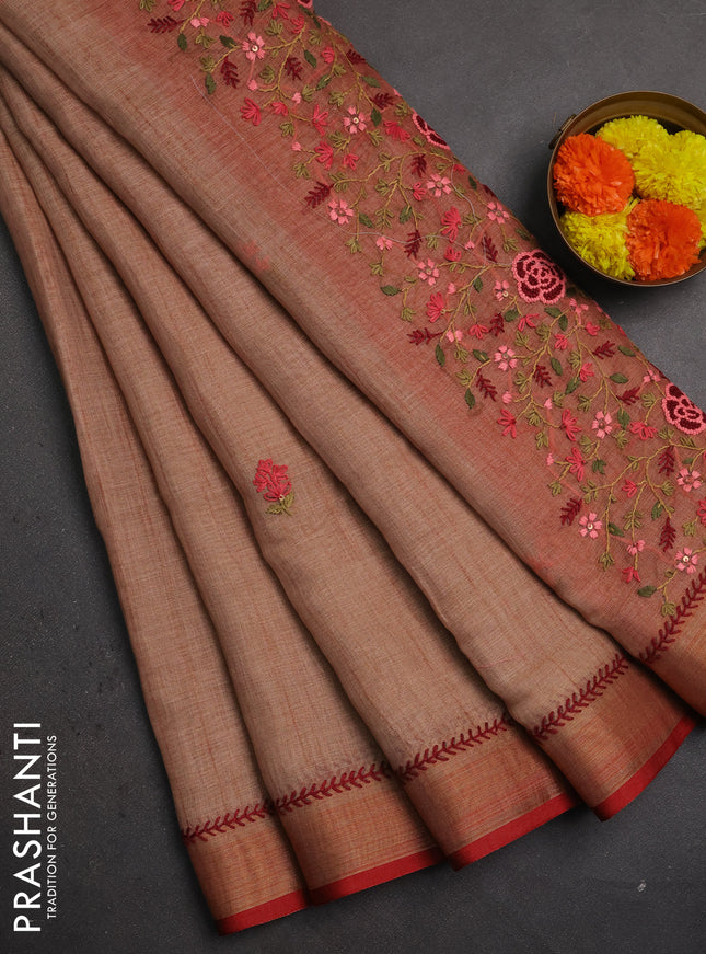 Linen saree dark peach and maroon with embroidery buttas and embroidery pallu