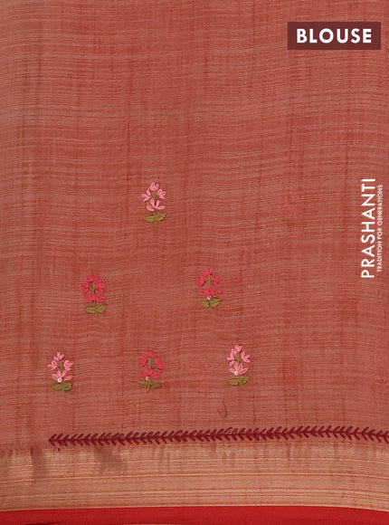 Linen saree dark peach and maroon with embroidery buttas and embroidery pallu