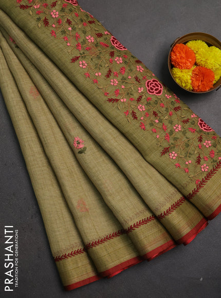 Linen saree mehendi green and maroon with embroidery buttas and embroidery pallu