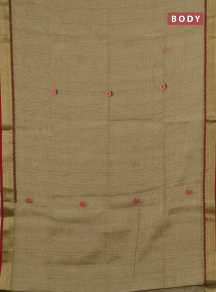 Linen saree mehendi green and maroon with embroidery buttas and embroidery pallu