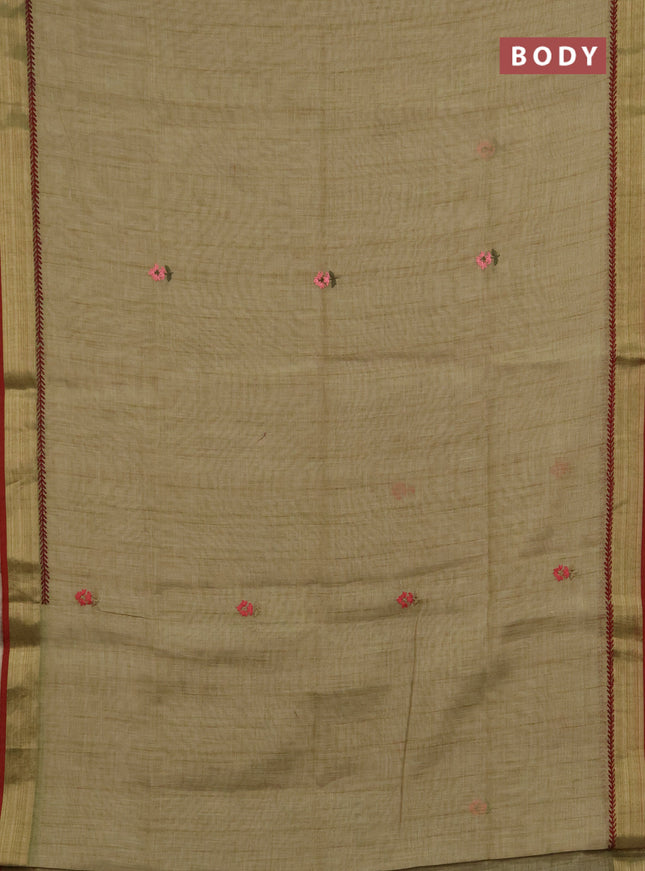 Linen saree mehendi green and maroon with embroidery buttas and embroidery pallu