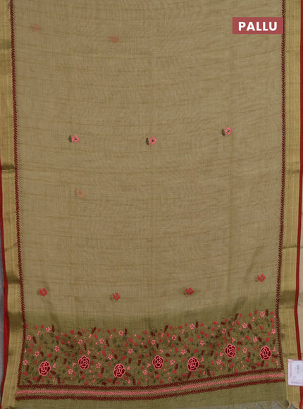 Linen saree mehendi green and maroon with embroidery buttas and embroidery pallu