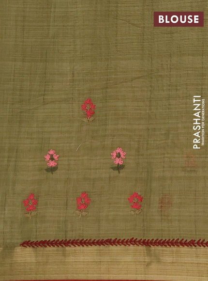 Linen saree mehendi green and maroon with embroidery buttas and embroidery pallu