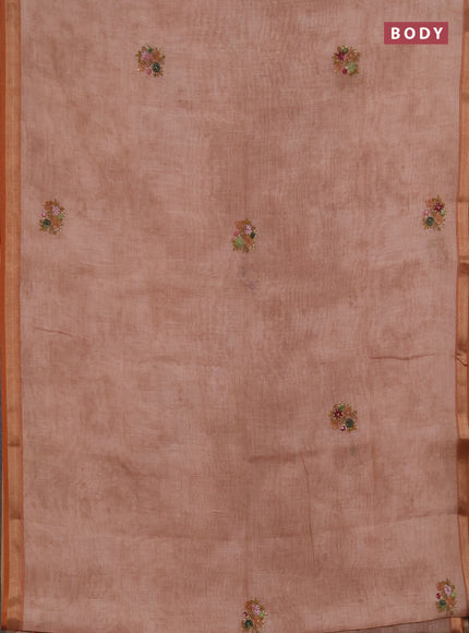 Linen saree mild peach and maroon with embroidery buttas and embroidery pallu