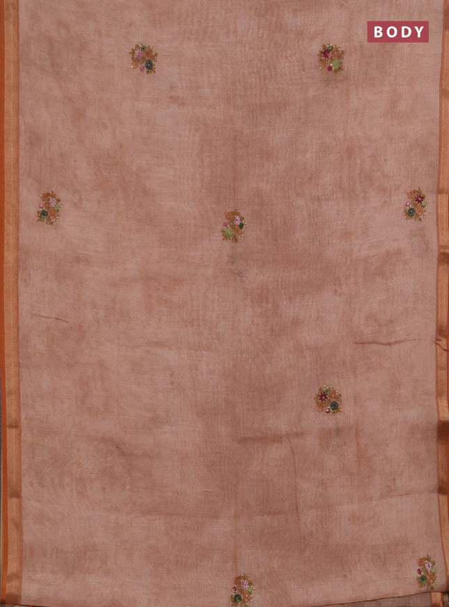 Linen saree mild peach and maroon with embroidery buttas and embroidery pallu