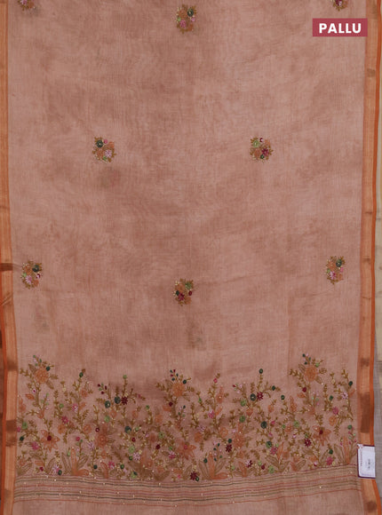 Linen saree mild peach and maroon with embroidery buttas and embroidery pallu