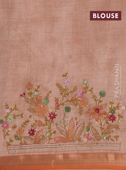 Linen saree mild peach and maroon with embroidery buttas and embroidery pallu