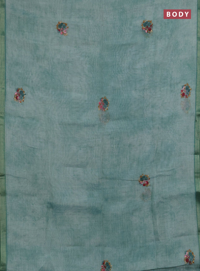 Linen saree teal green with embroidery buttas and embroidery pallu