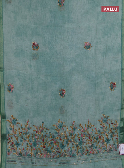 Linen saree teal green with embroidery buttas and embroidery pallu