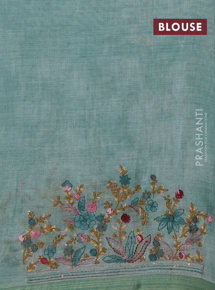 Linen saree teal green with embroidery buttas and embroidery pallu