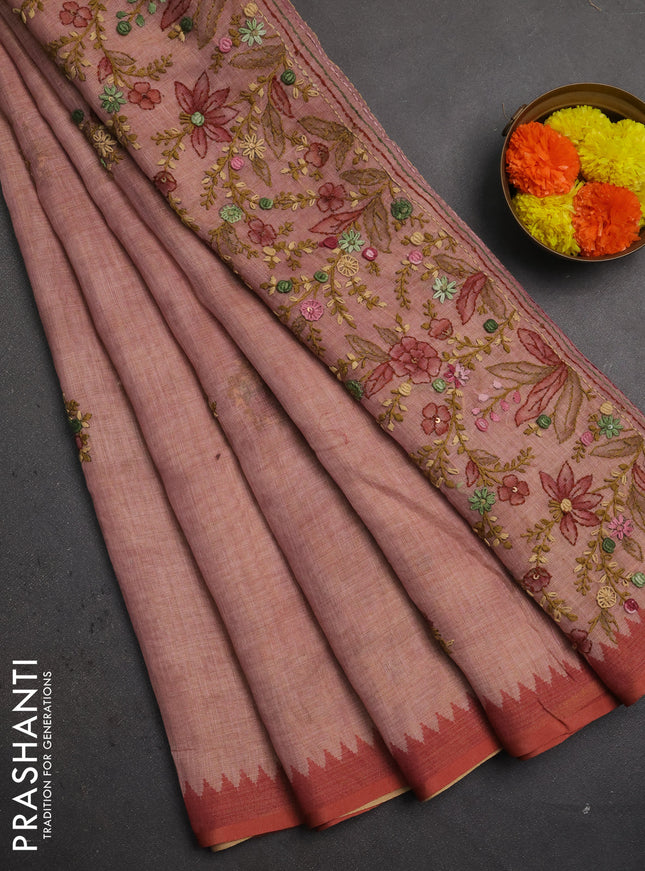 Linen saree mild peach and maroon with embroidery buttas and embroidery pallu