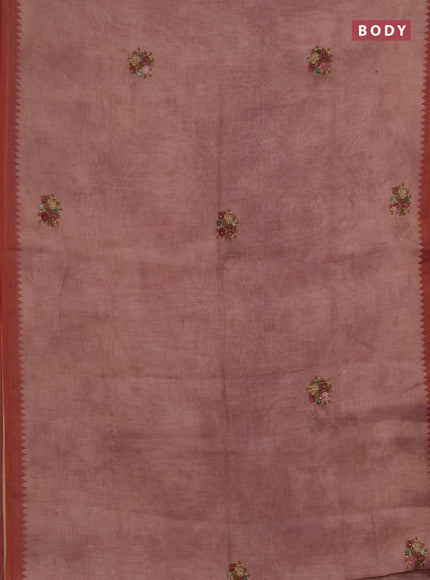 Linen saree mild peach and maroon with embroidery buttas and embroidery pallu