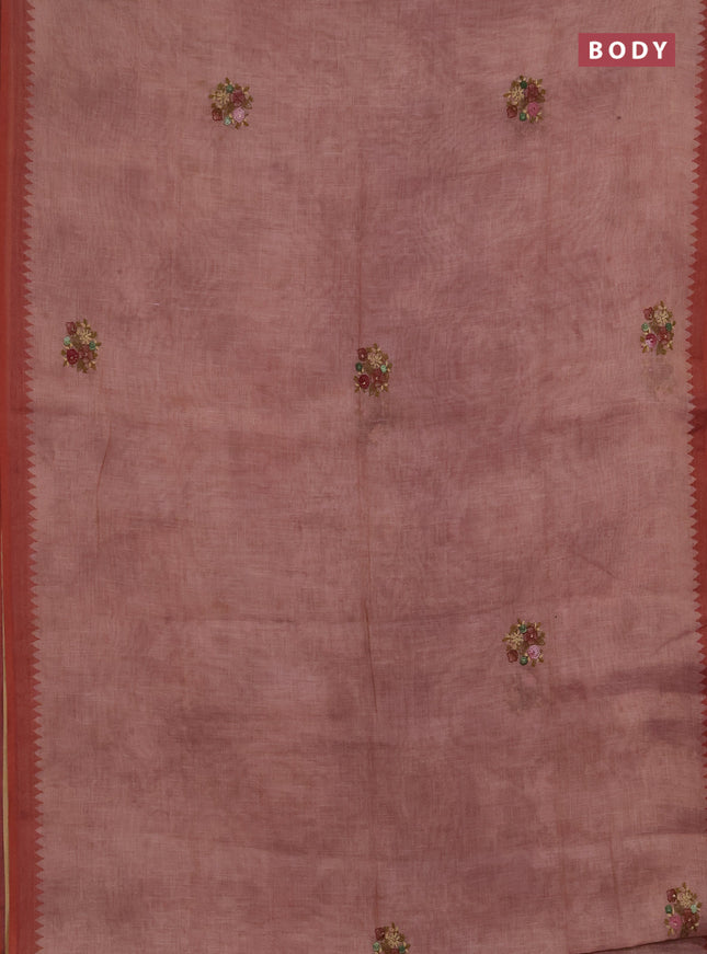 Linen saree mild peach and maroon with embroidery buttas and embroidery pallu
