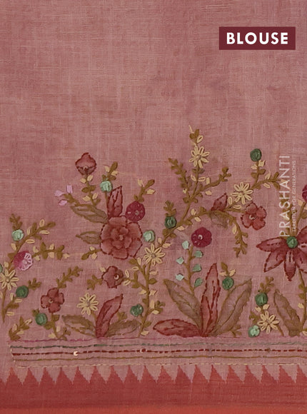 Linen saree mild peach and maroon with embroidery buttas and embroidery pallu