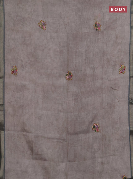 Linen saree mild grey and olive green with embroidery buttas and embroidery pallu