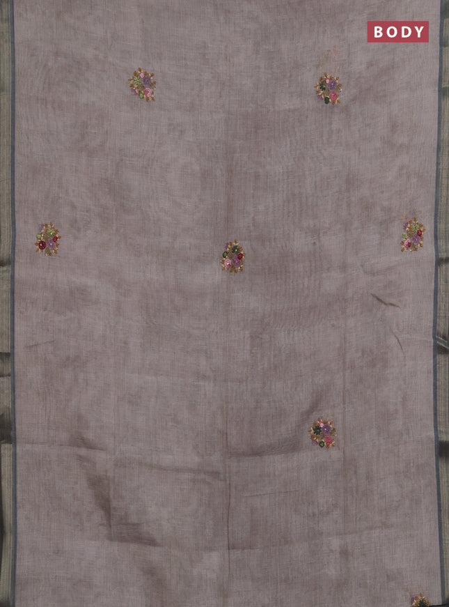 Linen saree mild grey and olive green with embroidery buttas and embroidery pallu