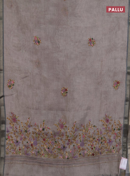 Linen saree mild grey and olive green with embroidery buttas and embroidery pallu