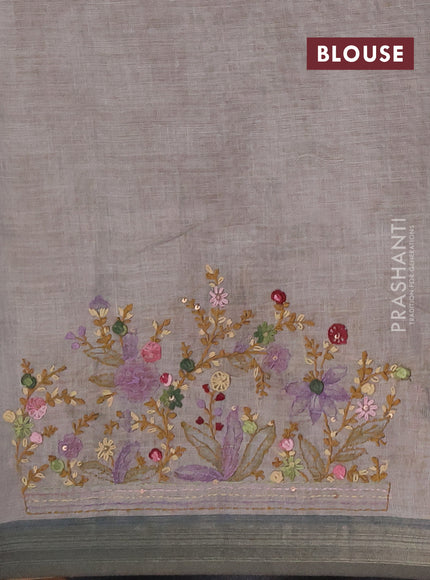 Linen saree mild grey and olive green with embroidery buttas and embroidery pallu