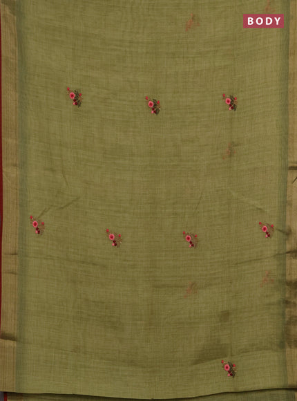 Linen saree light green and maroon with embroidery buttas and embroidery pallu