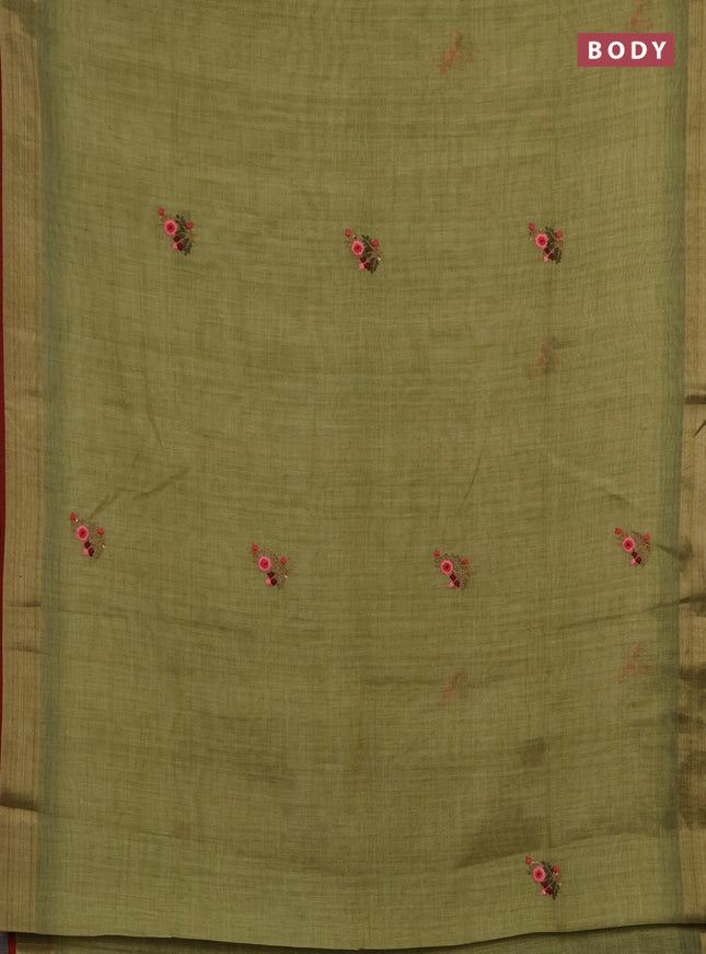 Linen saree light green and maroon with embroidery buttas and embroidery pallu