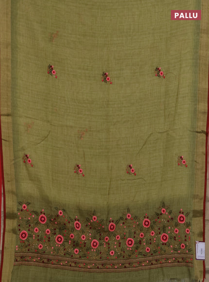Linen saree light green and maroon with embroidery buttas and embroidery pallu