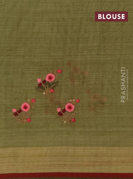 Linen saree light green and maroon with embroidery buttas and embroidery pallu