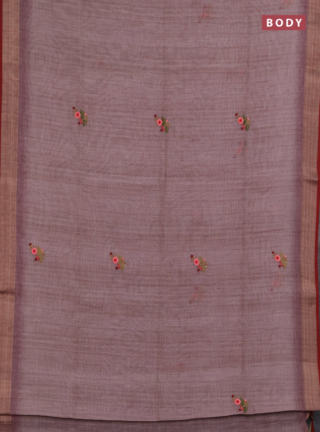 Linen saree pastel pink and maroon with embroidery buttas and embroidery pallu