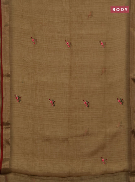 Linen saree dark mustard and maroon with embroidery buttas and embroidery pallu