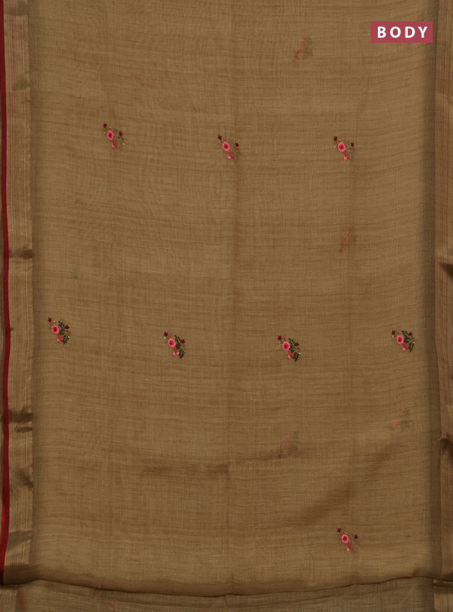 Linen saree dark mustard and maroon with embroidery buttas and embroidery pallu