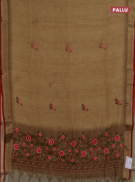 Linen saree dark mustard and maroon with embroidery buttas and embroidery pallu