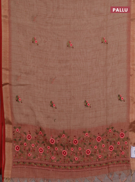 Linen saree dark peach and maroon with embroidery buttas and embroidery pallu