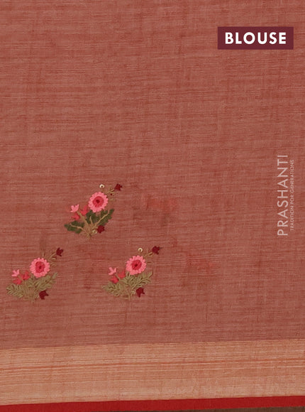 Linen saree dark peach and maroon with embroidery buttas and embroidery pallu