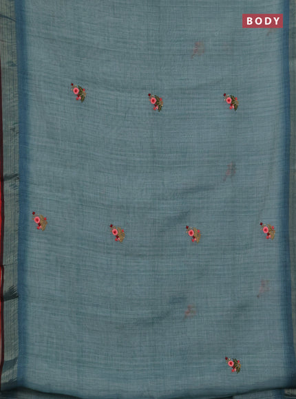 Linen saree pastel blue and maroon with embroidery buttas and embroidery pallu