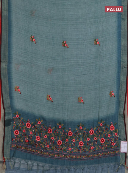 Linen saree pastel blue and maroon with embroidery buttas and embroidery pallu