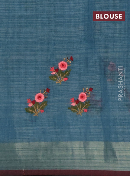 Linen saree pastel blue and maroon with embroidery buttas and embroidery pallu