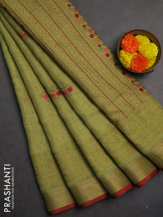 Linen saree light green and maroon with embroidery buttas and embroidery pallu & border
