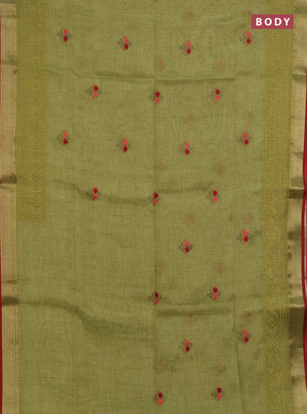 Linen saree light green and maroon with embroidery buttas and embroidery pallu & border