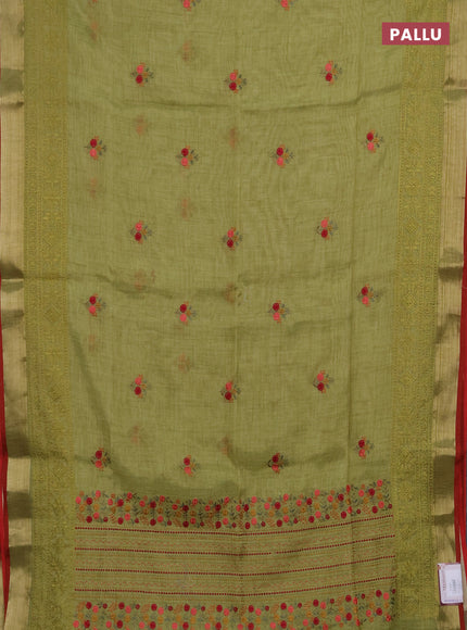 Linen saree light green and maroon with embroidery buttas and embroidery pallu & border