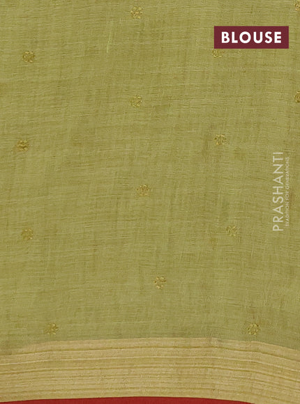 Linen saree light green and maroon with embroidery buttas and embroidery pallu & border