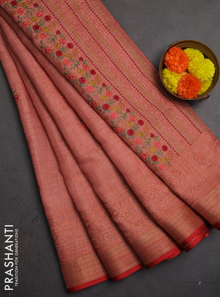 Linen saree peach shade and maroon with embroidery buttas and embroidery pallu & border