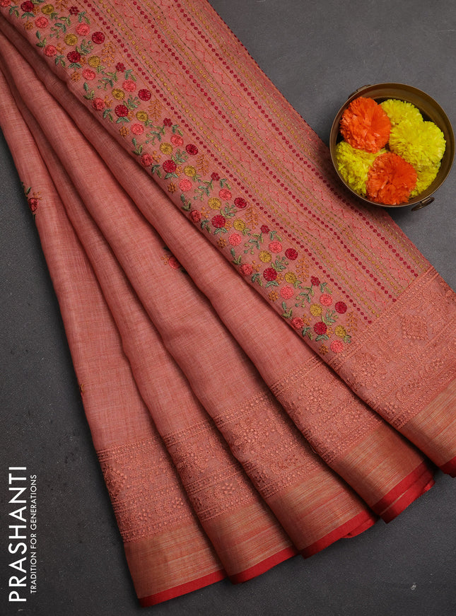Linen saree peach shade and maroon with embroidery buttas and embroidery pallu & border
