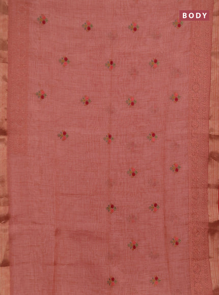 Linen saree peach shade and maroon with embroidery buttas and embroidery pallu & border