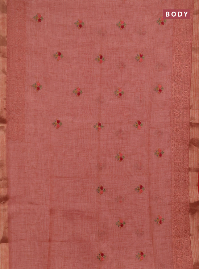Linen saree peach shade and maroon with embroidery buttas and embroidery pallu & border