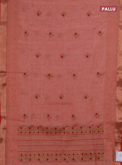 Linen saree peach shade and maroon with embroidery buttas and embroidery pallu & border
