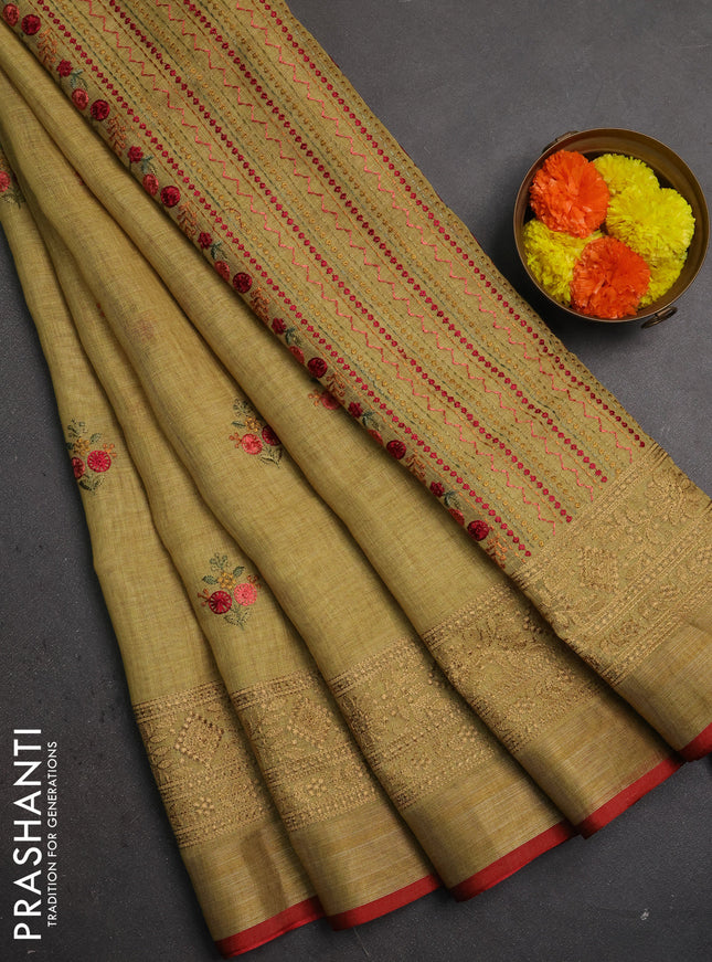 Linen saree mustard shade and maroon with embroidery buttas and embroidery pallu & border