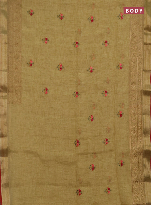 Linen saree mustard shade and maroon with embroidery buttas and embroidery pallu & border