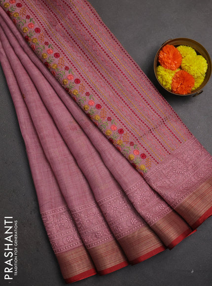 Linen saree mauve pink and maroon with embroidery buttas and embroidery pallu & border