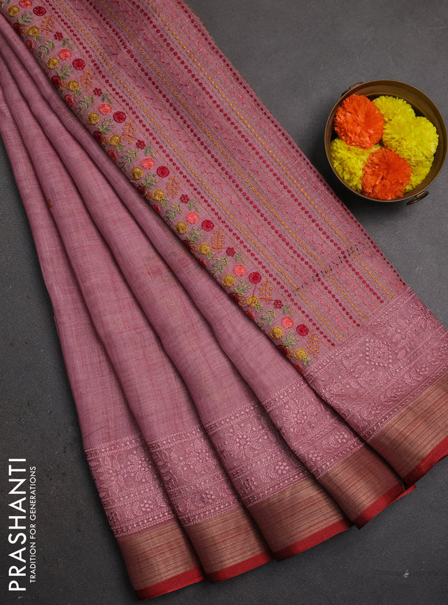 Linen saree mauve pink and maroon with embroidery buttas and embroidery pallu & border